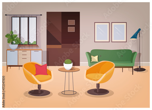 Modern interior of living room full of comfortable furniture and home decorations - comfy couch, armchairs, coffee table, house plants, floor lamp, wall pictures. Vector illustration in flat style.