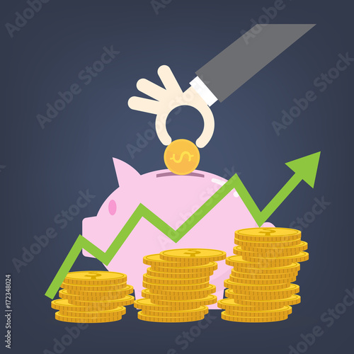Flat design concepts for business,hand put coin on piggy, investing saving concept,