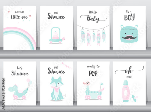 Set of baby shower invitations cards, poster, greeting, template, animals,toys, Vector illustrations 