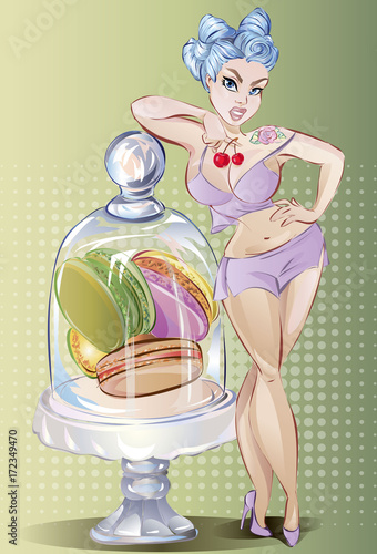 Pin up style sexy plus size girl with sweet macaroons, blue hair hipster woman vector illustration