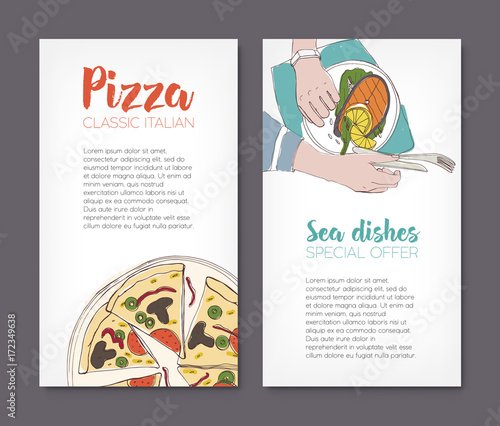 Set of flyer templates with colorful drawings of classical pizza and grilled ...