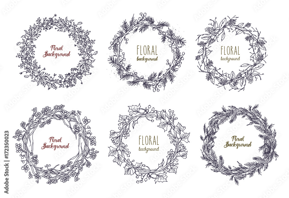 Collection of elegant hand drawn wreaths or circular garlands made of intertwined flowers, branches and leaves. Decorative floral elements isolated on white background. Monochrome vector illustration. Collection of elegant hand drawn wreaths or circular garlands made of intertwined flowers, branches and leaves. Decorative floral elements isolated on white background. Monochrome vector illustration.