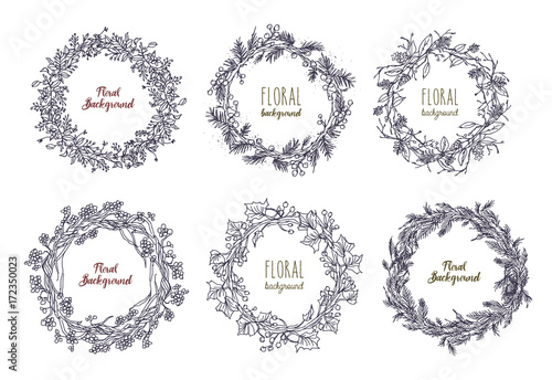 Collection of elegant hand drawn wreaths or circular garlands made of intertw...