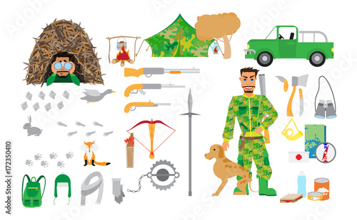Hunting equipment set in flat style isolated on white background. Items for hunting and recreation in the forest. Miscellaneous weapons, clothing and equipment, hunter stuff gun, ammunition, hunting