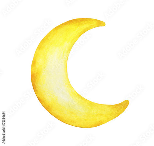 Fototapet Yellow crescent moon painted isolation on white background - Watercolor illustration