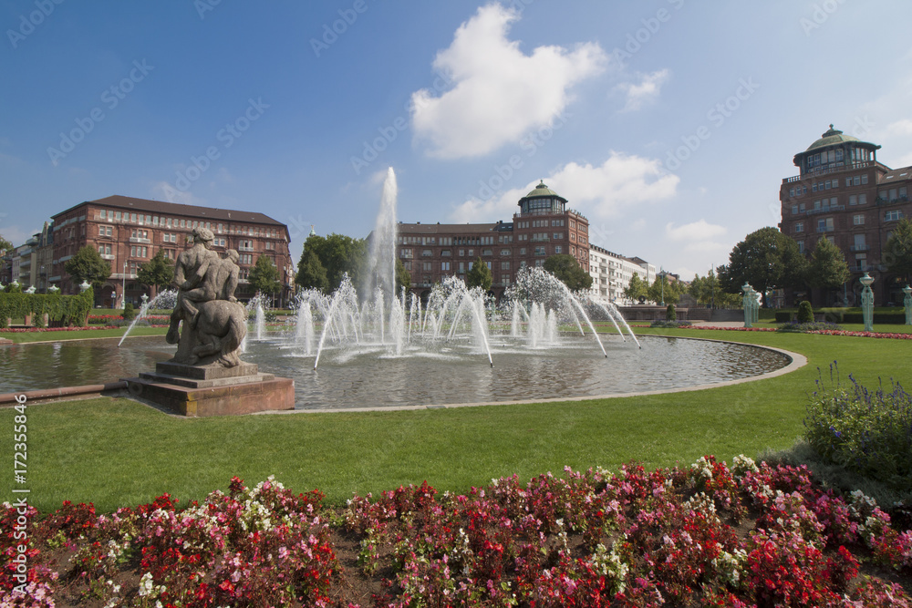 Fountains At Friedrichsplatz With Mannheim Water Tower 
