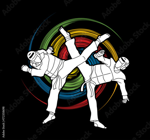 Taekwondo fighting designed on spine wheel background graphic vector.