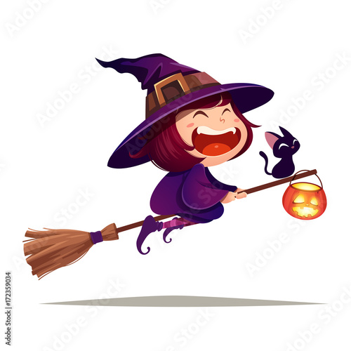 Halloween flying little witch. Girl in Halloween costume flies with black cat and pumpkin lantern.