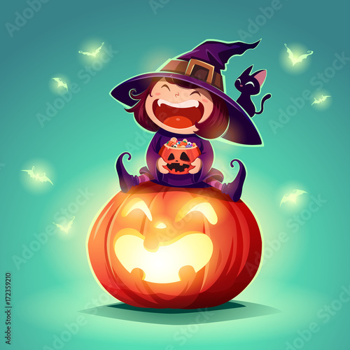 Halloween little witch. Girl in Halloween costume sits on a giant pumpkin.