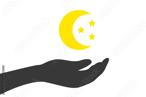 Hand hält Mond und Sterne