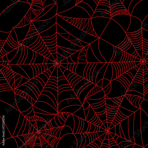 Halloween spider web Red on black background seamless pattern. Stock vector.