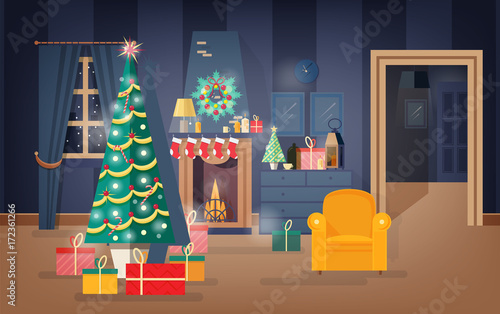 Interior of comfy living room decorated for Christmas Eve with fir tree, beautiful garlands and wreaths. Apartment full of cozy furniture and holiday home decorations. Flat vector illustration.