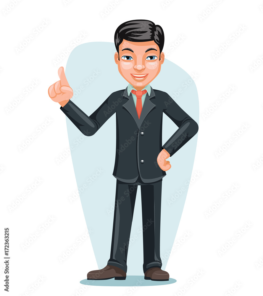 Asian Businessman Chinese Japanese Vietnamese Male Employee Boss Hand Forefinger Up Cartoon Character Design Vector Illustration