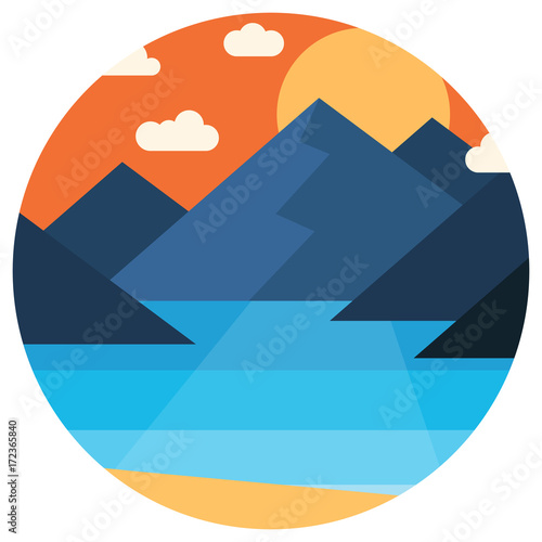 Vector sunset in the mountains by the sea  in circle
