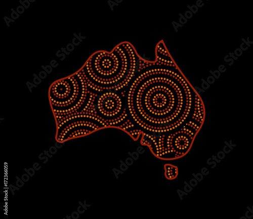 Patterned Australia map aboriginal art on black, vector