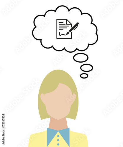 Frau überlegt - Vertrag unterschreiben