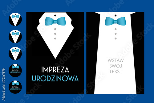 birthday party invitation with suit & bow tie- vector design for man male 