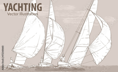 Hand sketch of sailing yachts regatta. Races in the sea. Vector sport illustration. Graphic silhouette of yachts on background design. Active people. Extreme. Traveling.
