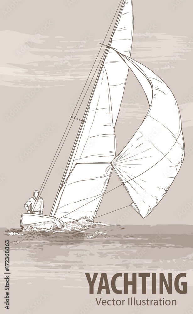 Hand sketch of the man on sailing boat on the sea. Vector sport illustration. Graphic silhouette of yacht on background design. Active. Extreme. Traveling.