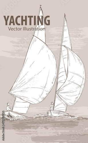 Hand sketch of sailing yachts regatta. Races in the sea. Vector sport illustration. Graphic silhouette of yachts on background design. Active. Extreme. Traveling.