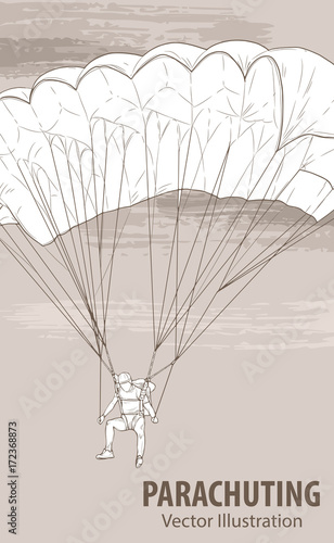 Hand sketch of parachuting athlete. Vector sport illustration. Graphic silhouette of the man with a parachute on background design. Active people. Extreme.