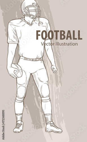 Hand sketch of American football player. Vector sport illustration. Graphic silhouette of the athlete with ball on background design. Active people. Recreation lifestyle.