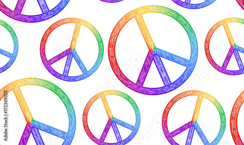 Seamless texture with rainbow symbol of peace and a boho pattern on a white background. Vector element for fabrics, wallpaper, wrapping paper and your creativity