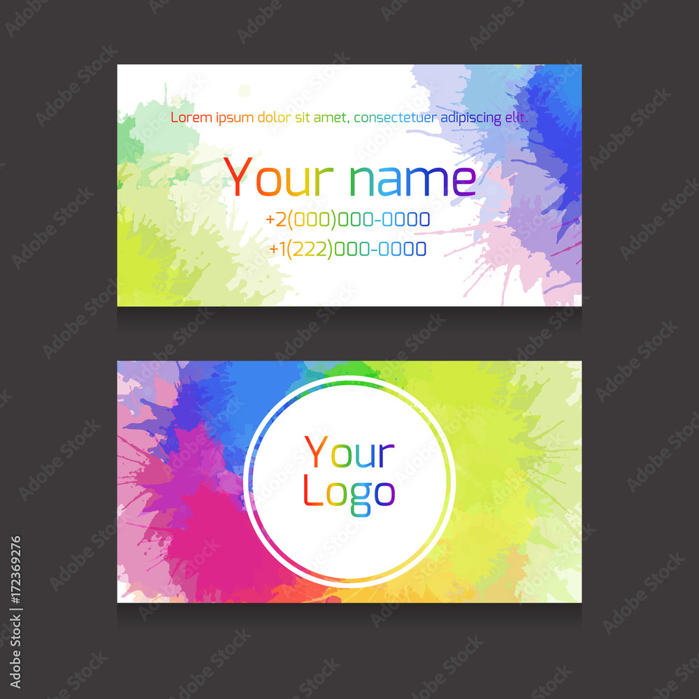 Double-sided business card vector template with rainbow watercolor splashes. Vector mockup. Element for artist, painter and your design