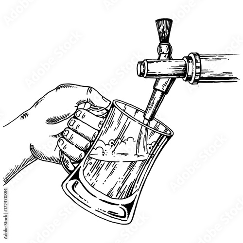 Beer pours glass from beer tap engraving vector