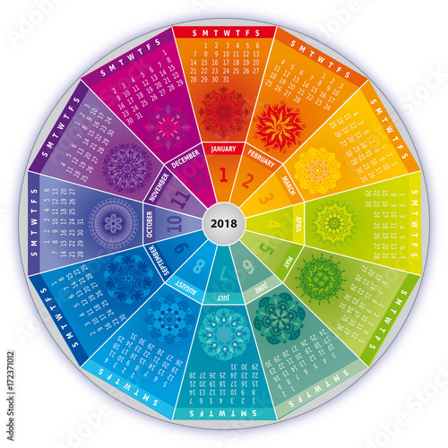 Calendrier 2018 avec Mandalas - Couleurs Arc-en-Ciel
