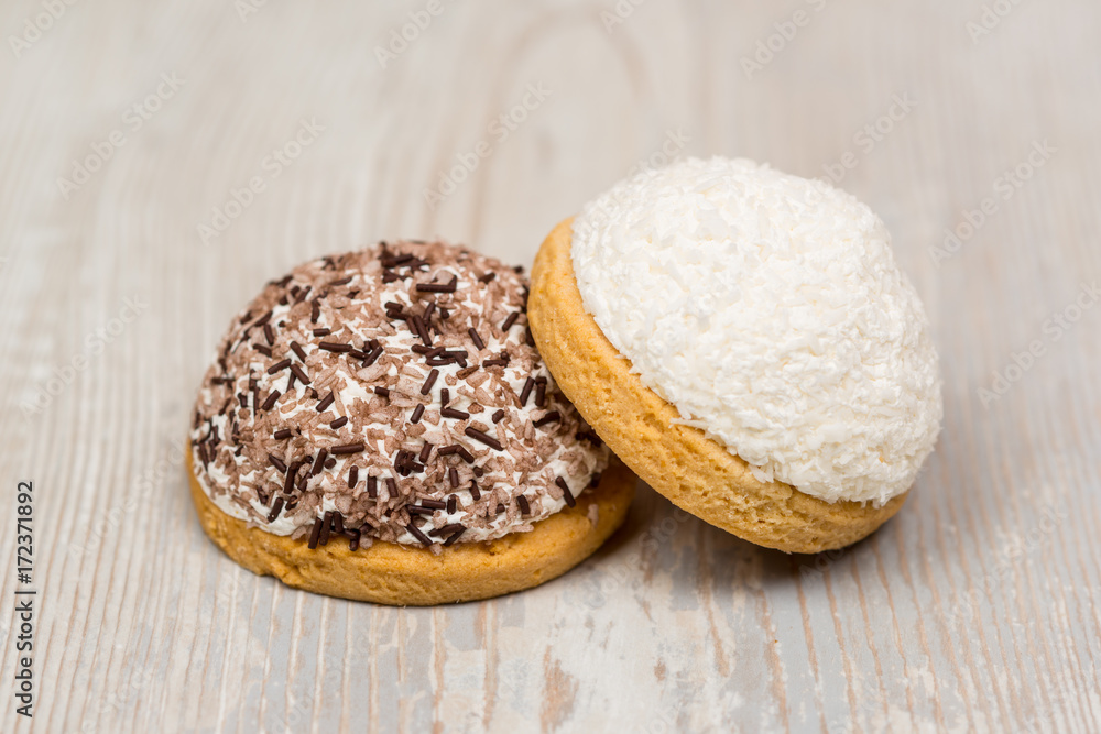 Two round delicious cookies on the table Two round delicious cookies on the table