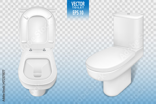 Realistic toilet mockup closeup, white modern toilet in 3d illustration isolated on transparent background. Vector