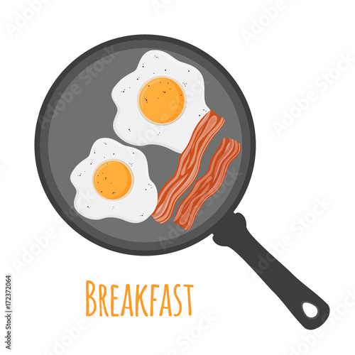 English breakfast - egg, bacon. Cartoon flat style. Vector illustration
