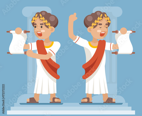 Scroll Declaration Roman Greek Retro Vintage Businessman Cartoon CharacterIcon Flat Design Vector Illustration