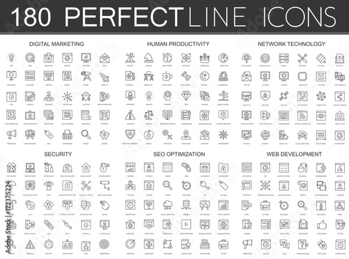 180 modern thin line icons set of digital marketing, human productivity, network technology, cyber security, SEO optimization, web development.