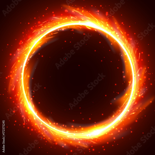 Realistic round light fire flame frame, vector template illustration on black background