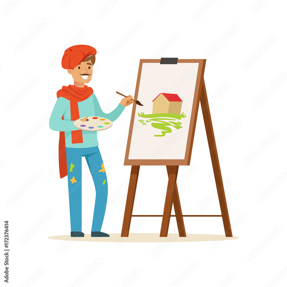 Naklejka premium Male painter artist character with mustache wearing red beret painting picture of landscape standing near easel vector