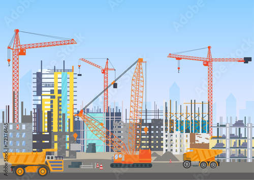 Building city skyline under construction architecture website with tower cranes. Building work process with construction machines. Vector illustration.
