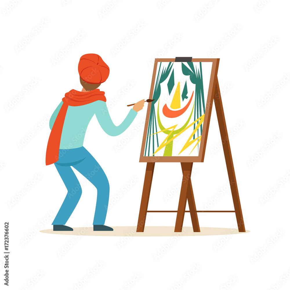 Male painter artist character wearing red beret painting with colorful palette standing near easel vector Illustration - obrazy, fototapety, plakaty 