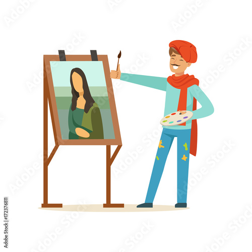 Male painter artist character with mustache wearing red beret painting female portrait with brush vector Illustration