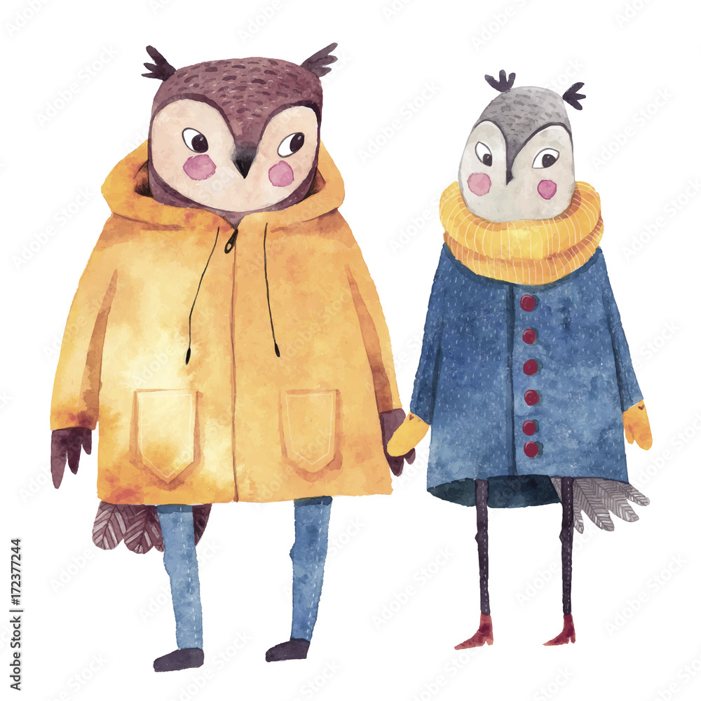Fototapeta premium Watercolor illustrations with birds. Two owls in love. Hand drawn watercolor painting. Hipster animals in coats.