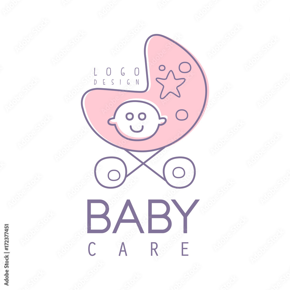Baby care logo design, emblem with pink baby stroller Baby care logo design, emblem with pink baby stroller