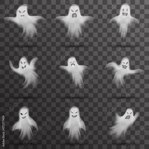 Halloween white scary ghost isolated template transparent night background vector illustration