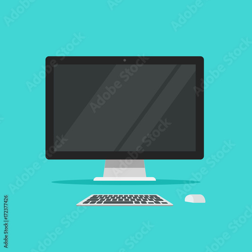 Monitor keyboard and mouse vector illustration isolated on color background flat cartoon style, idea of computer workplace, working table, work desk with pc photo