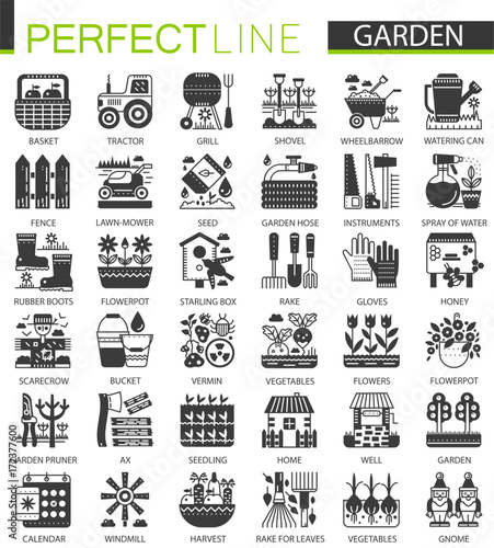 Gardening flower equipment classic black mini concept symbols. Garden modern icon pictogram vector illustrations set.