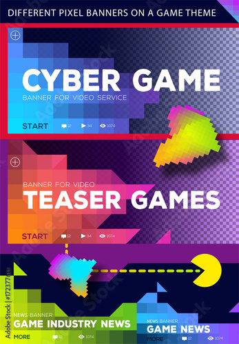 Colorful cyber game banners for video services or games news. Pixel style. Vector illustration