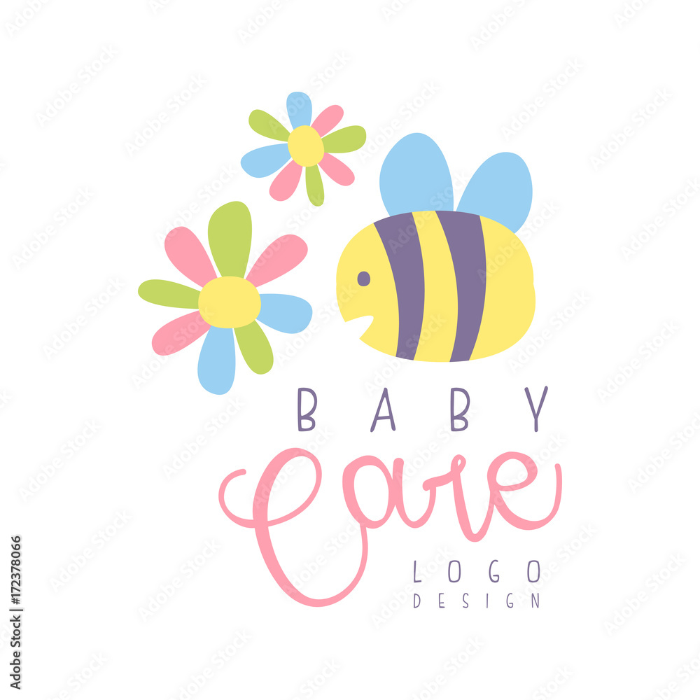 Baby care logo, label for kids club, baby or toys shop and any other children projects colorful hand drawn vector Illustration Baby care logo, label for kids club, baby or toys shop and any other children projects colorful hand drawn vector Illustration