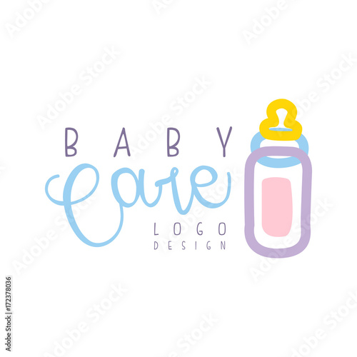 Baby care logo design, emblem with pink baby bottle, label for kids club, baby or toys shop and any other children projects colorful colorful hand drawn vector Illustration