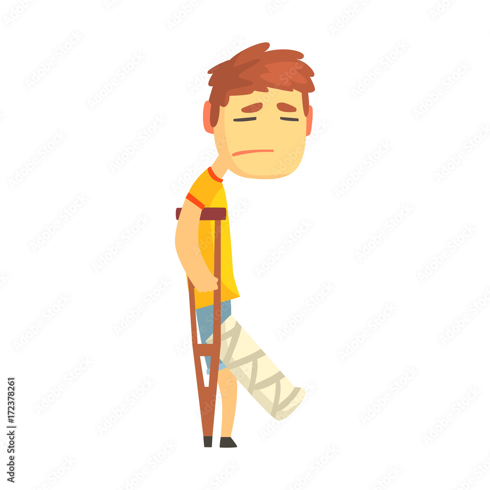 Sad unhappy boy with broken leg walking with crutches cartoon character vector illustration