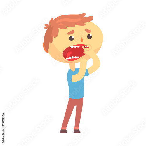 Unhappy boy character suffering from toothache cartoon vector illustration
